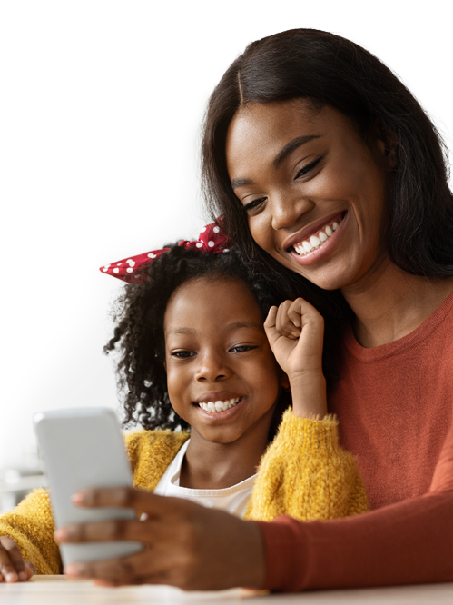 A mother and daughter smiling while using the GogoPlus app to find their medicine